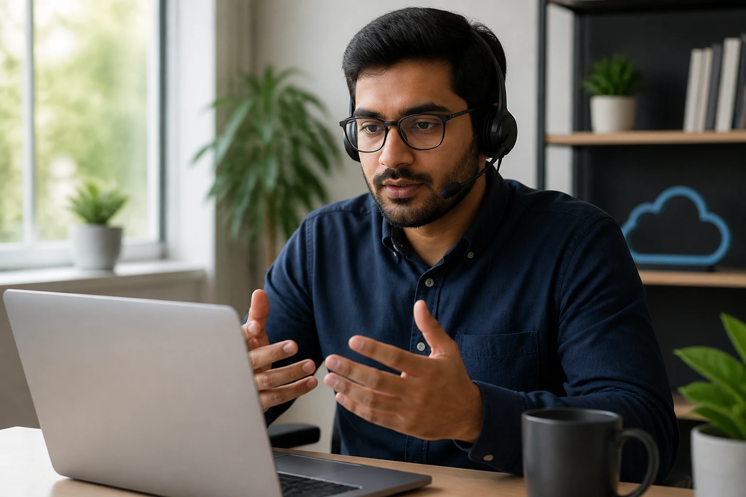 Candidate in a remote interview setup in a home office