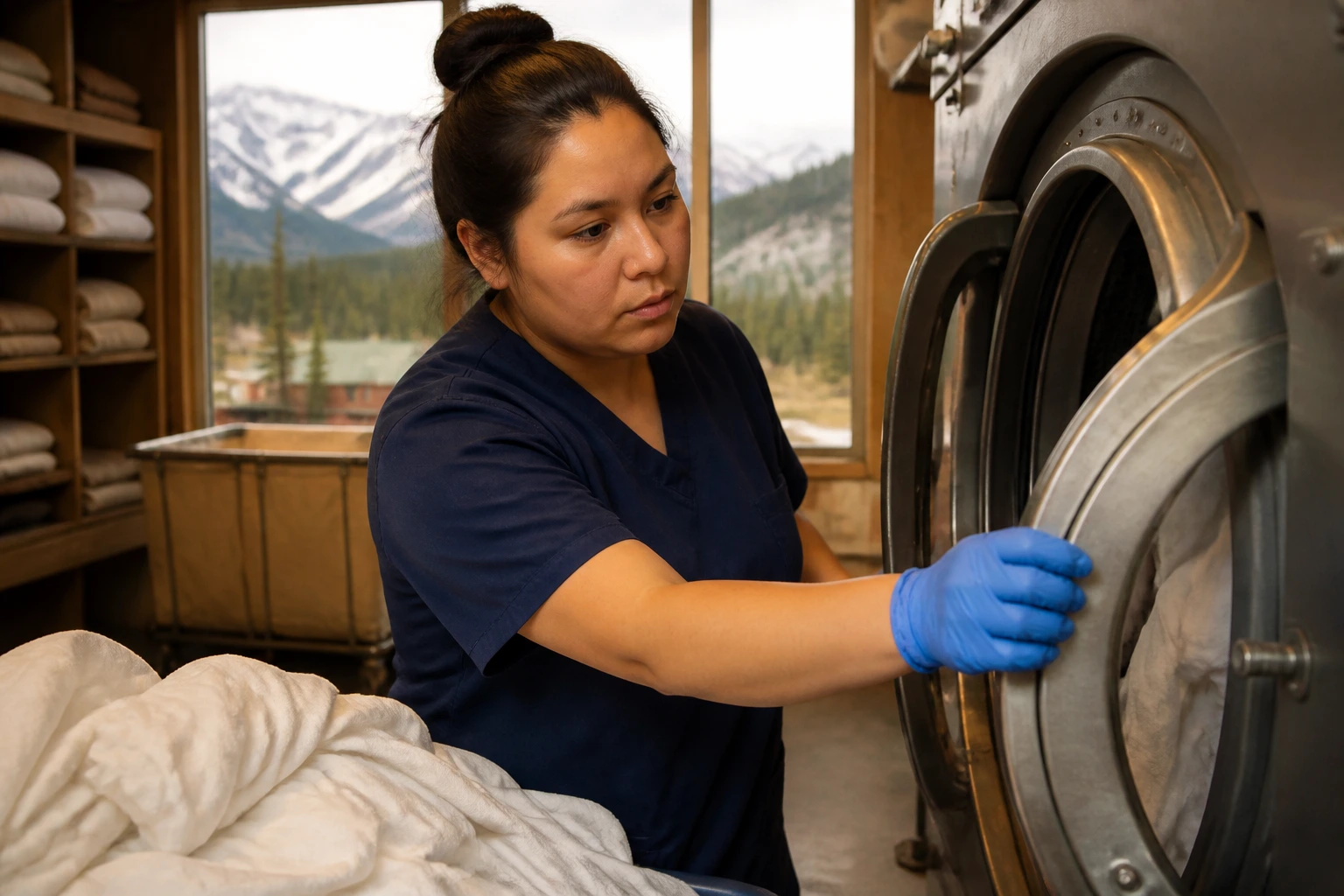 Medium close-up of a laundry technician in a remote lodge performing an industrial wash