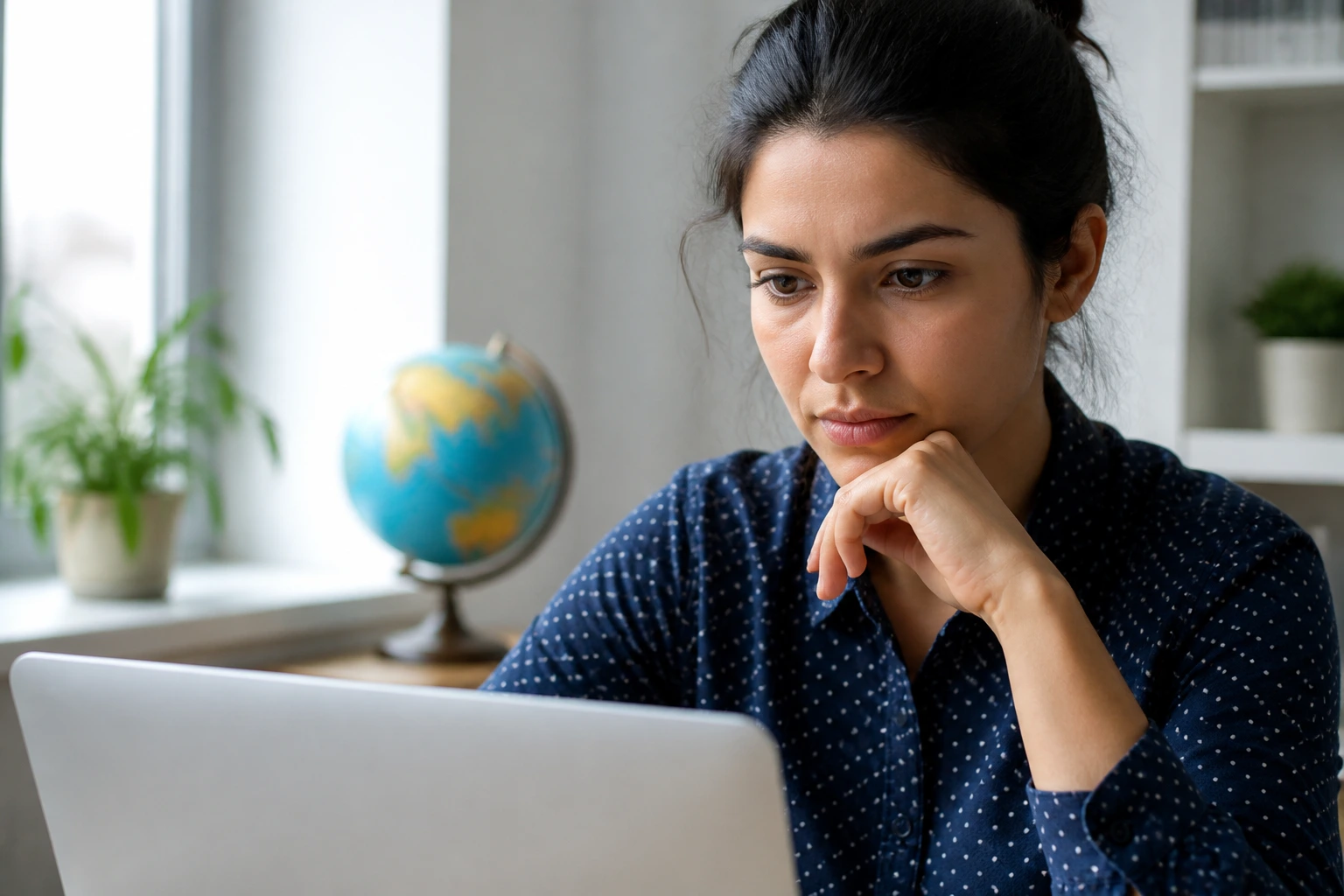 Close-up of a person at a home office desk with a globe in the background, illustrating local versus remote start