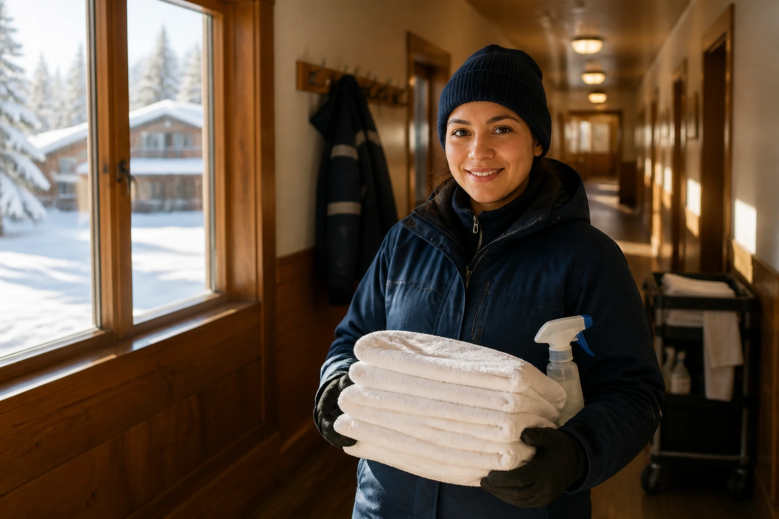 Lodge cleaner in winter uniform in remote staff housing