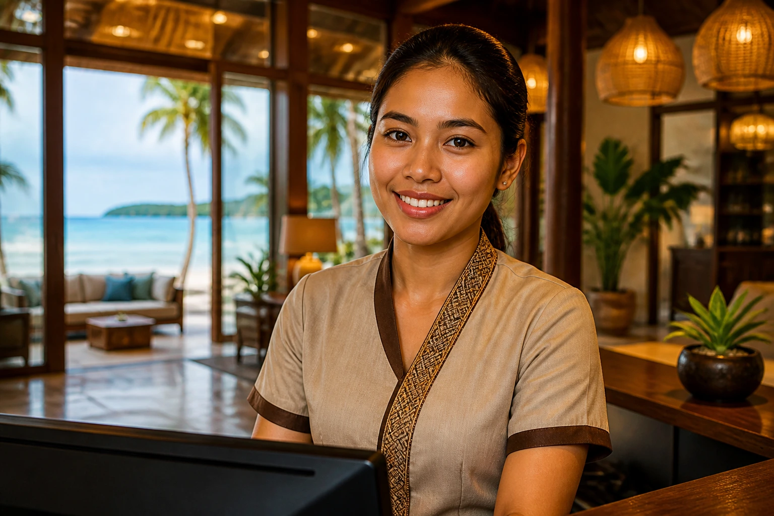 Front desk agent at a remote beach resort lobby with sponsorship-focused context