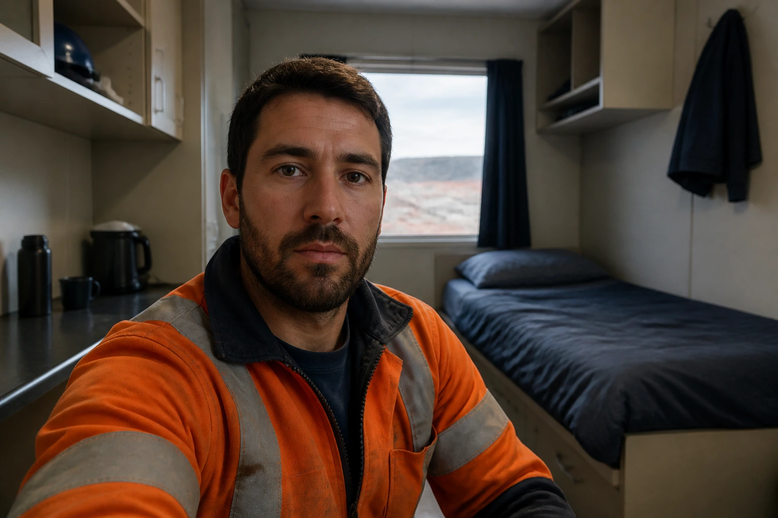 Portrait of a worker in a remote mining camp dorm room.