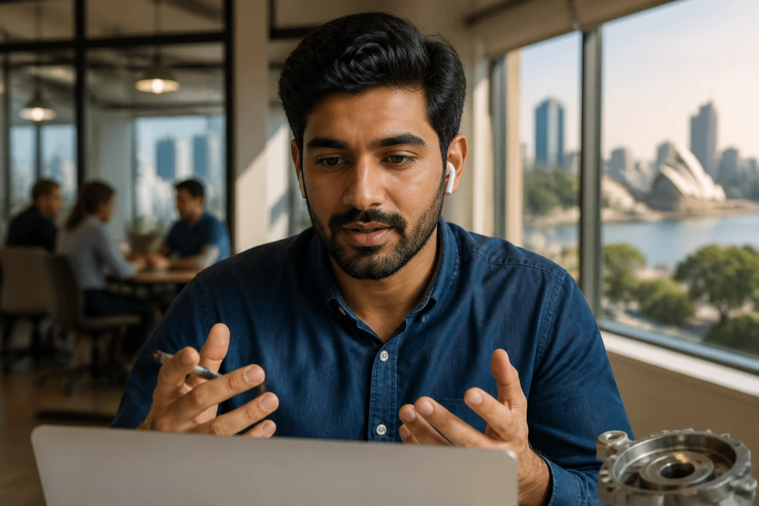 Engineer networking remotely with others in a coworking space