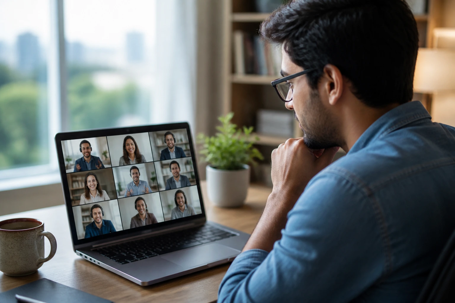 Close-up portrait of a software engineer in a home office during a remote video call
