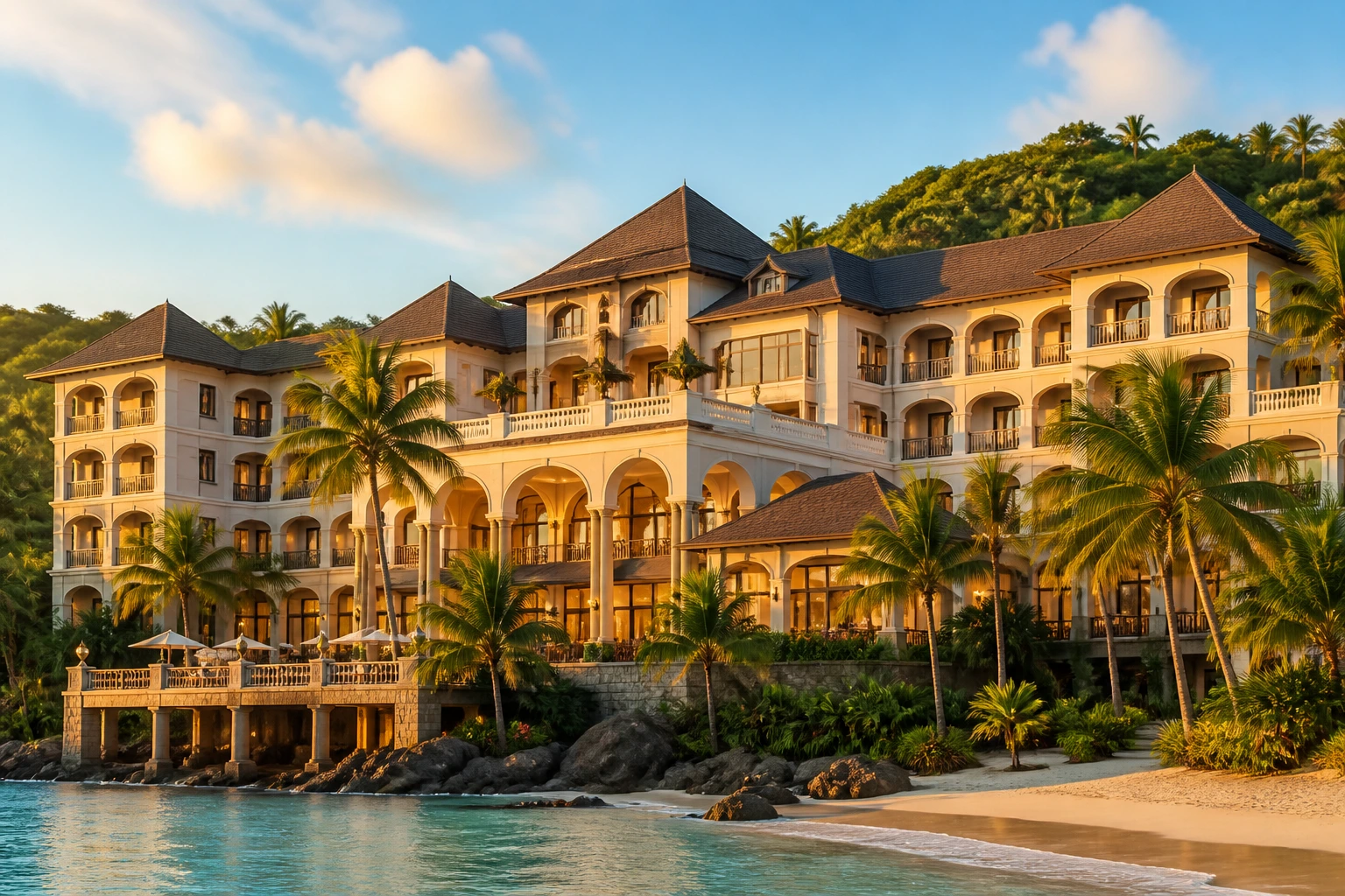 Remote resort hotel exterior bathed in sunlight, illustrating international recruitment