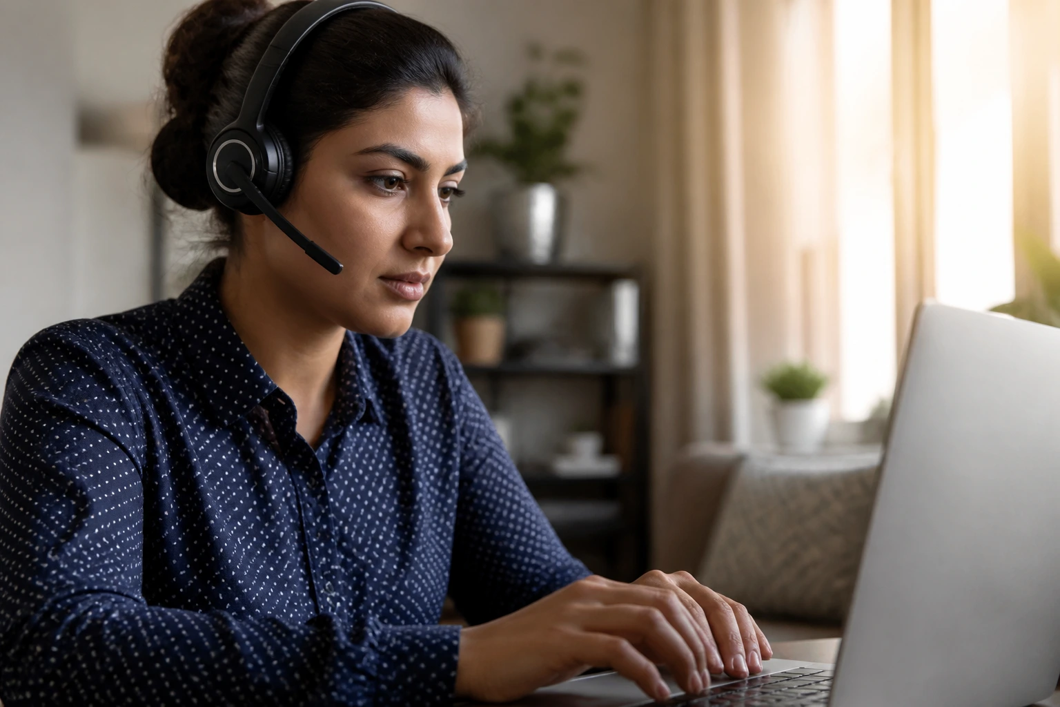 Close-up of a person working remotely on a laptop in a home office