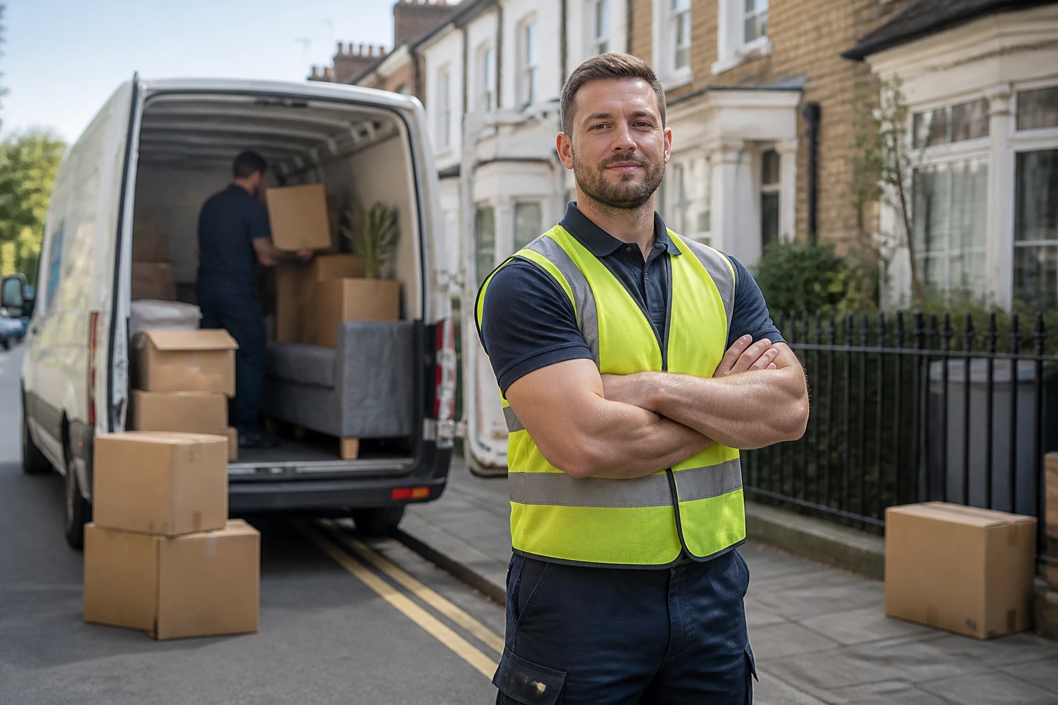 Close-up of a removal worker in a plain hi-vis vest at a UK city loading bay with a van in the background.