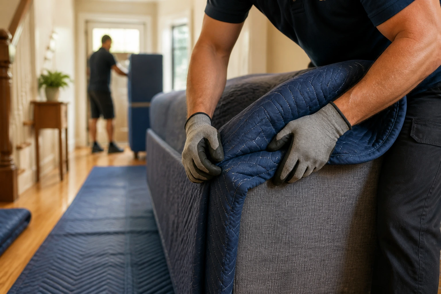Close-up of a removal mover wrapping a sofa in a domestic hallway