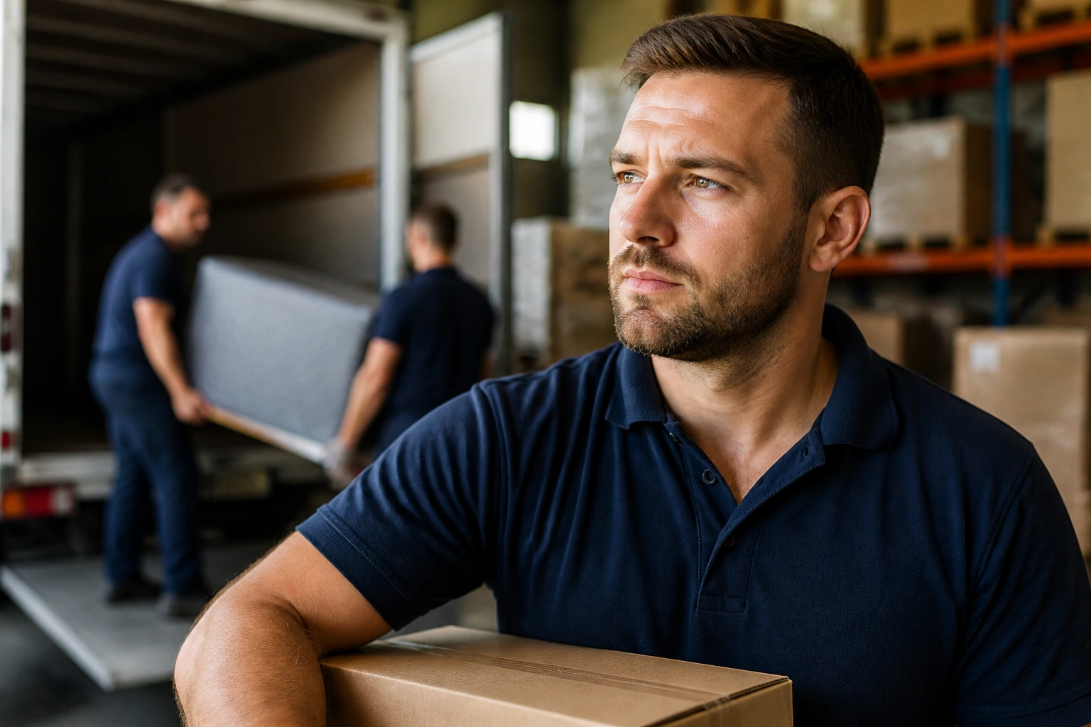 Removal worker portrait contemplating weekly earnings in a warehouse