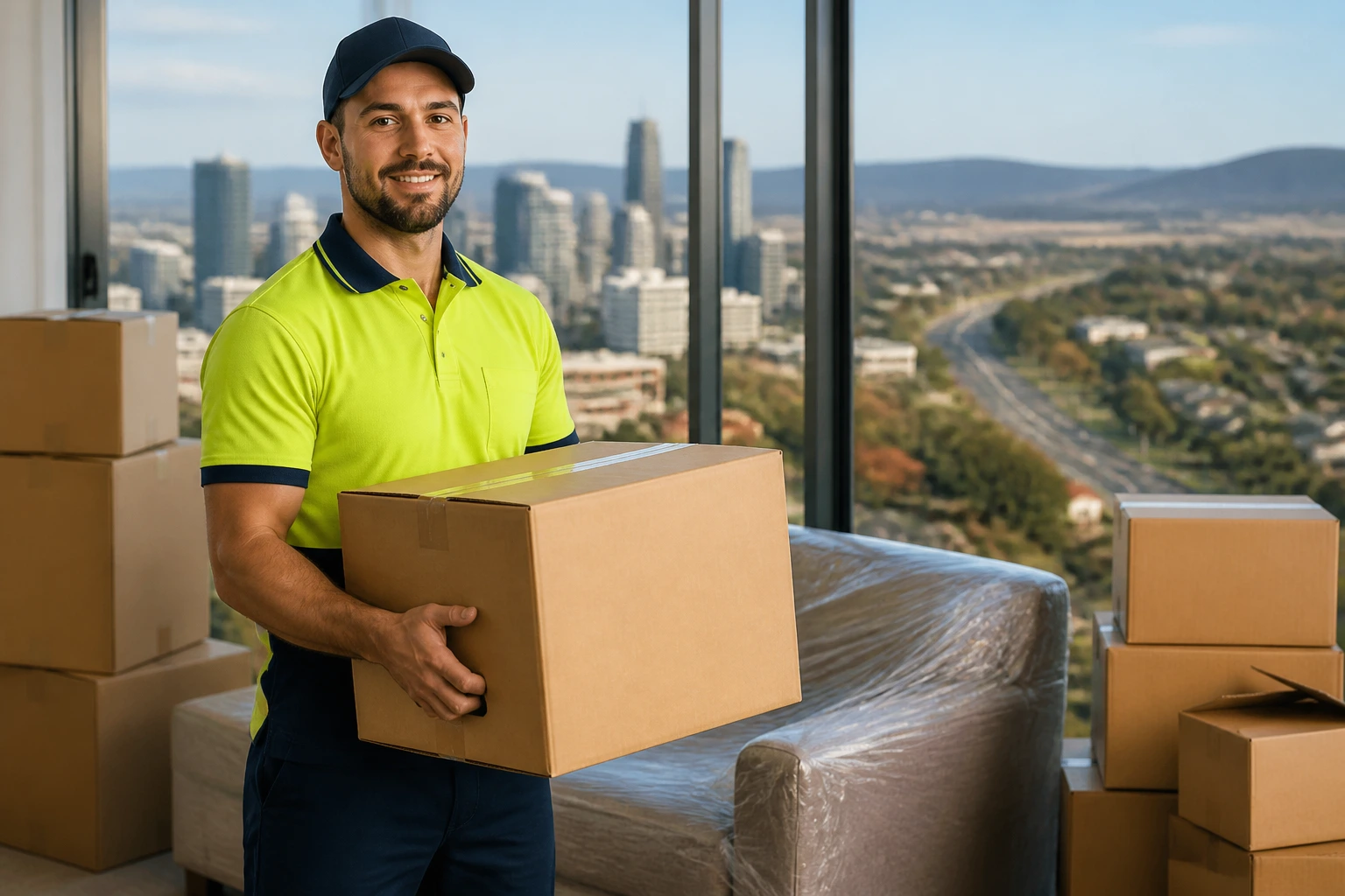Removalist in hi-vis standing with city skyline backdrop, symbolizing steady work across cities and regions