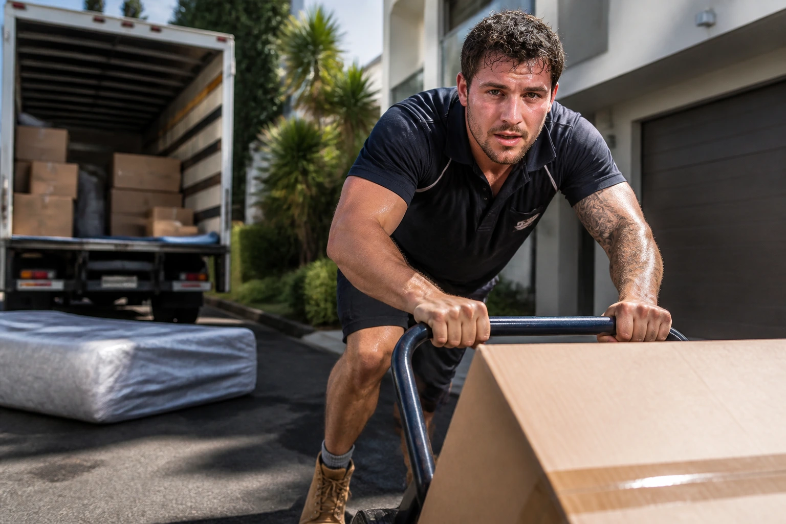 Close-up portrait of a removalist at a driveway with a dolly and truck behind