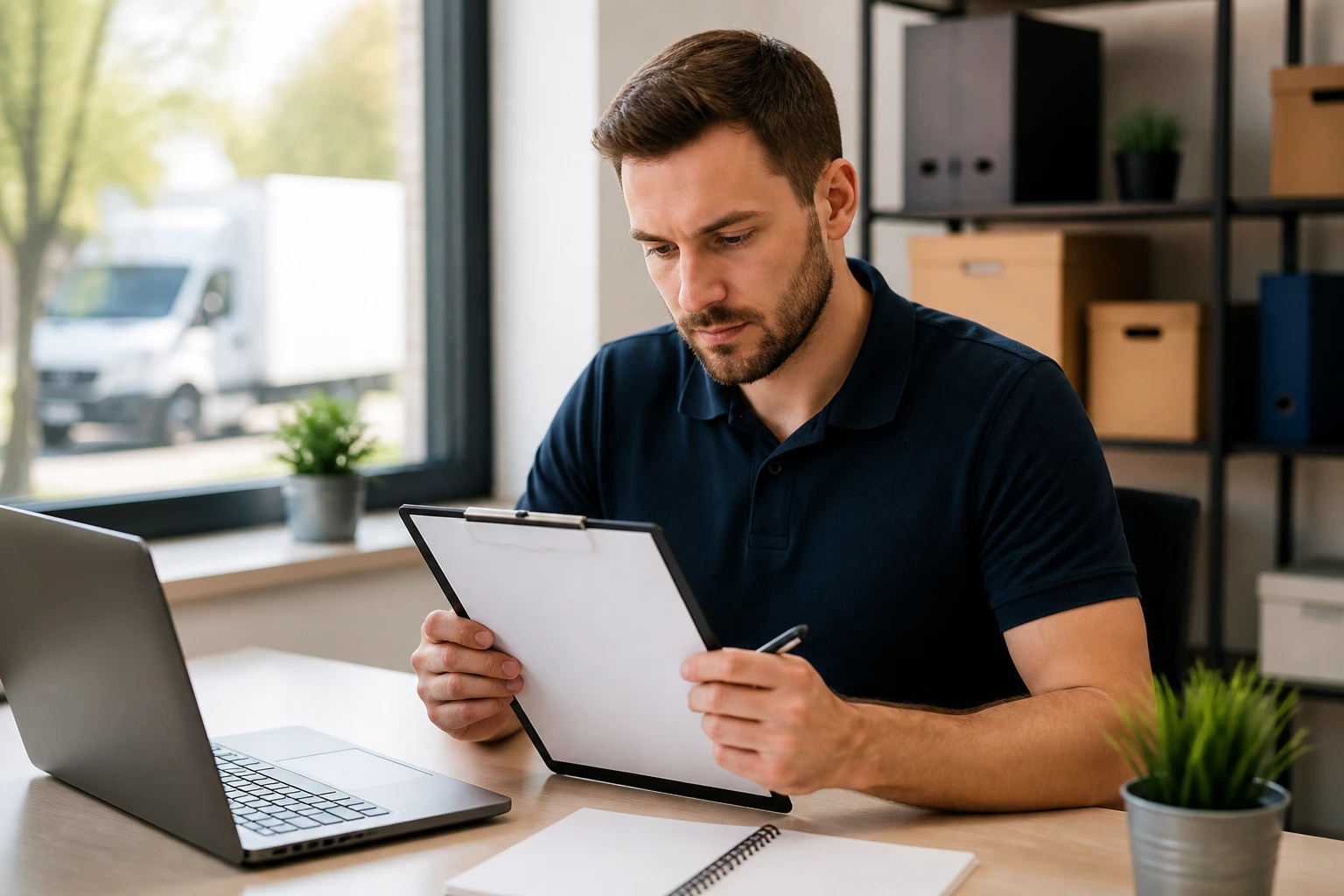Professional portrait of a person planning a CV for removals and logistics in an office.