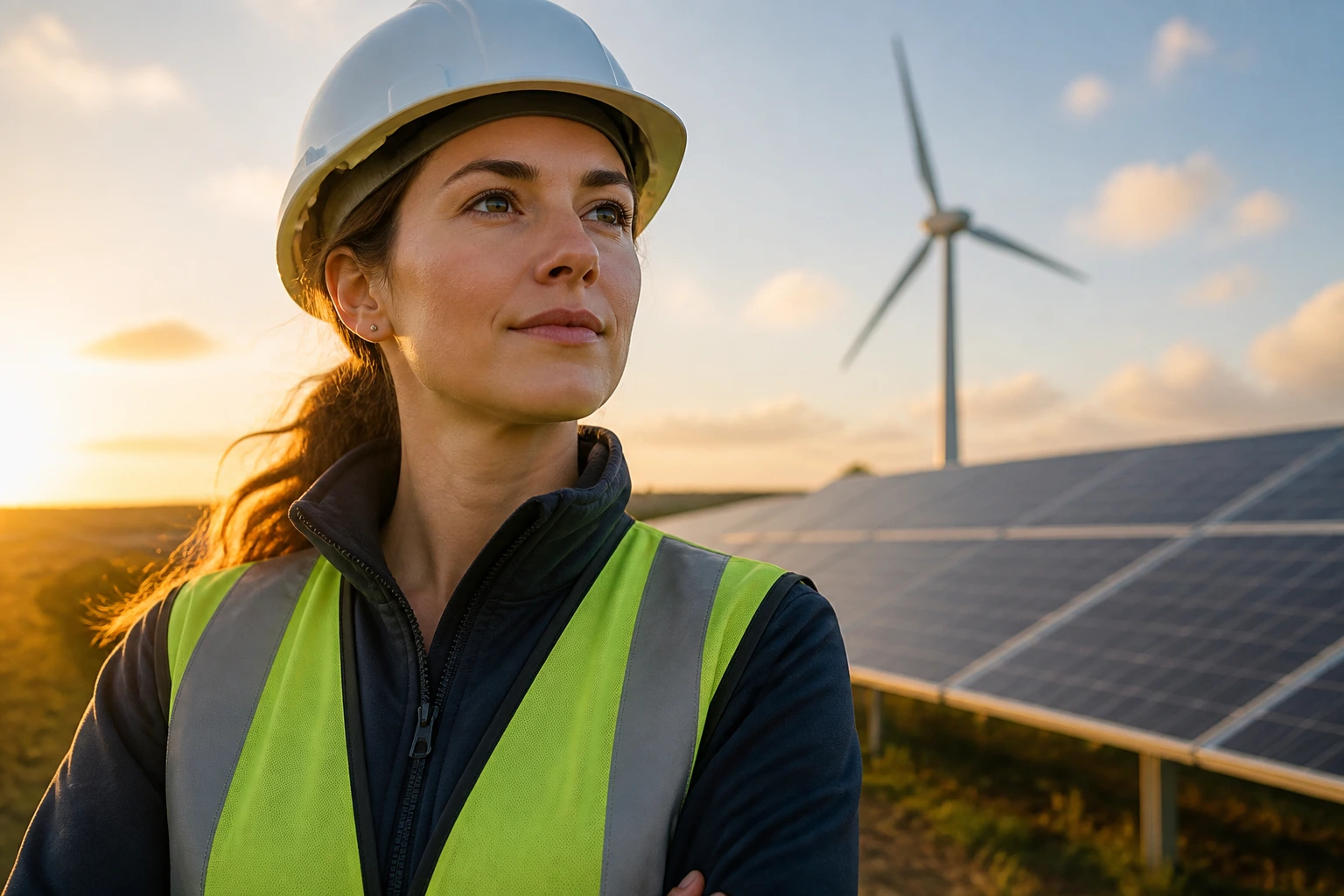 Portrait of a renewable energy engineer at a wind farm during golden hour.
