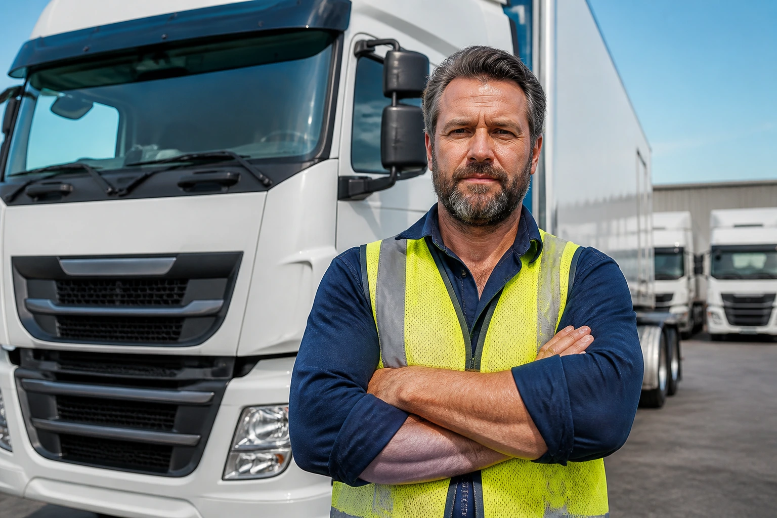 Driver in front of a large truck at a depot, representing reputable transport companies.