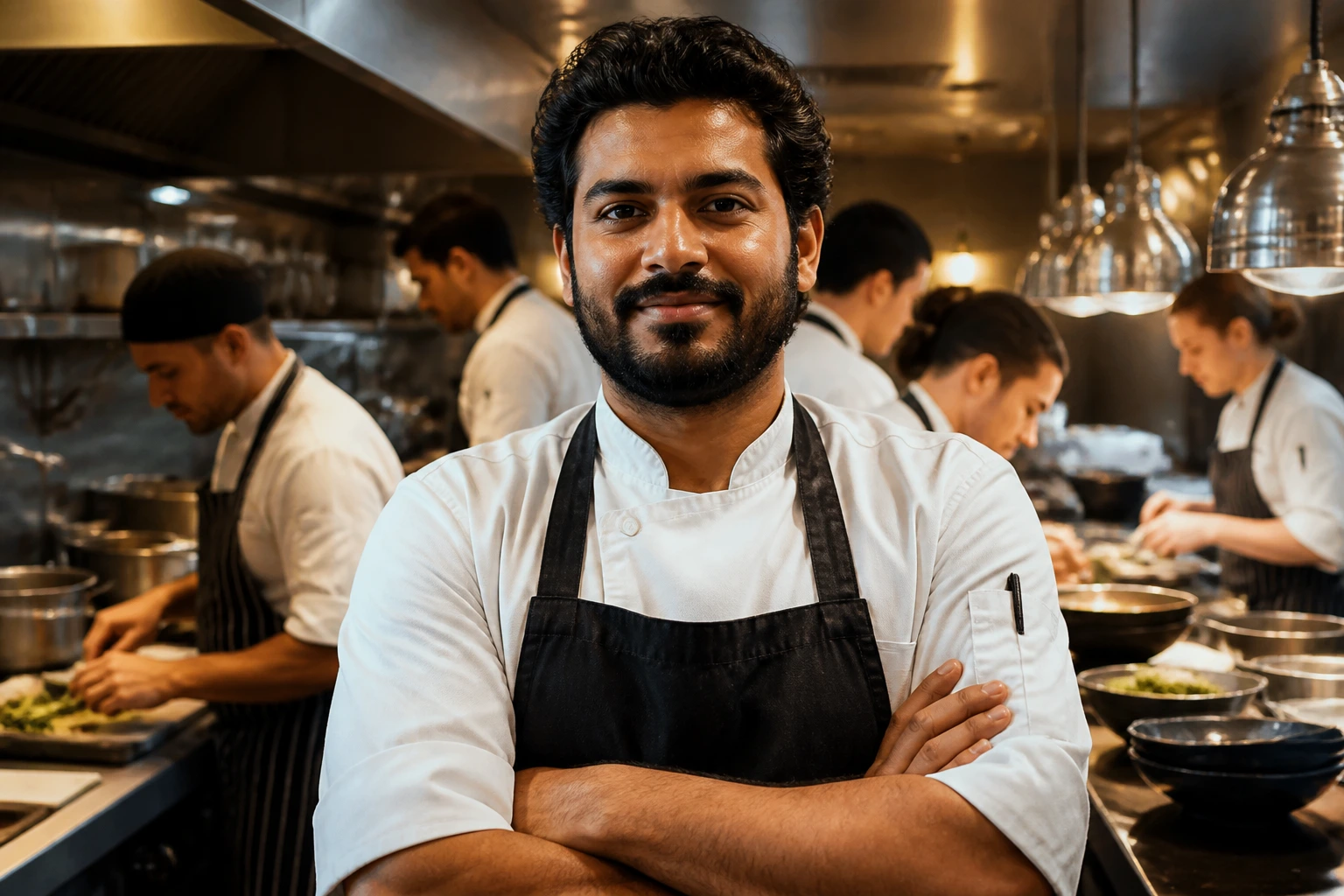 Close-up of a confident chef in a busy kitchen representing career growth