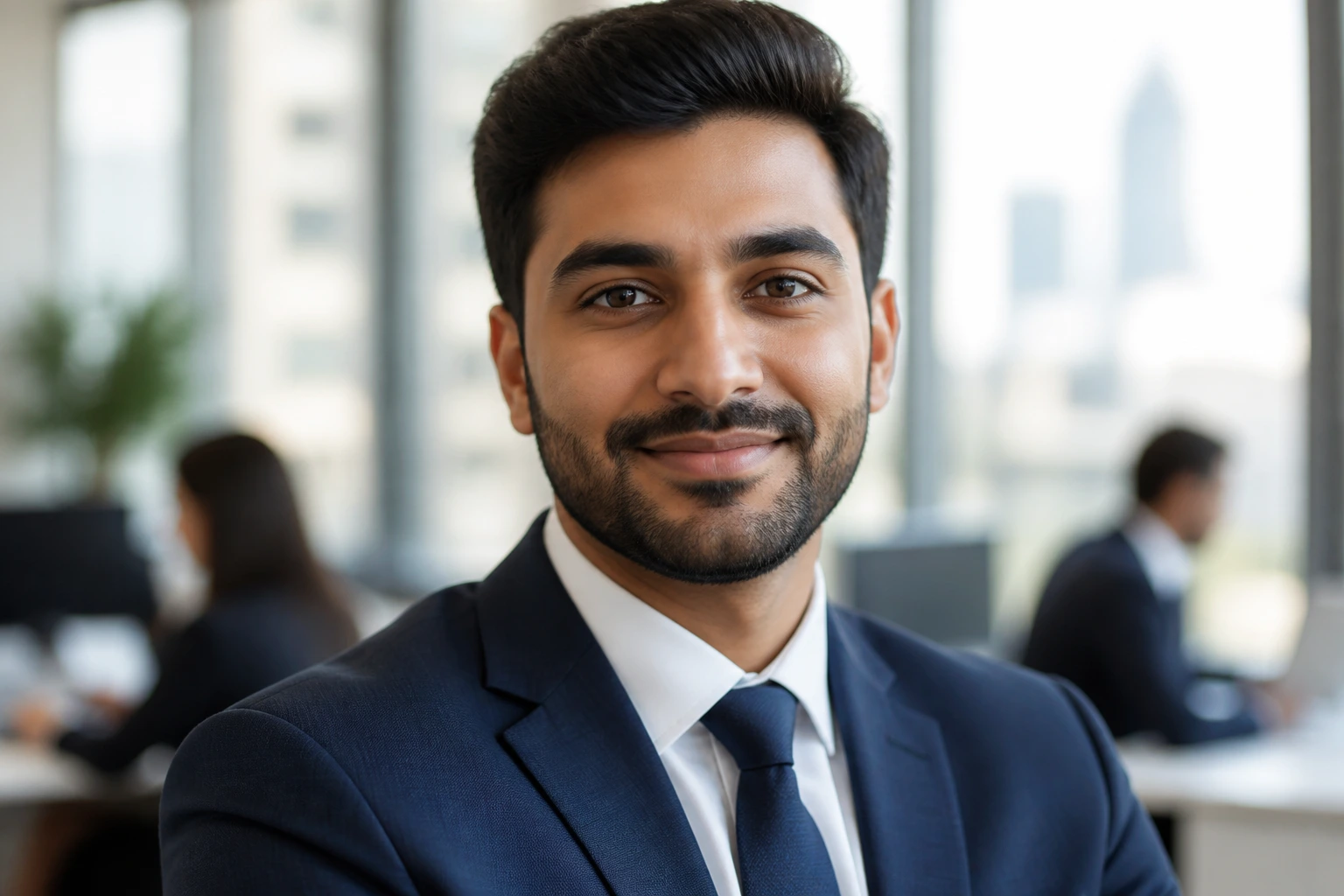 Close-up portrait of a finance professional in a Canadian office, symbolizing building reputation from day one.