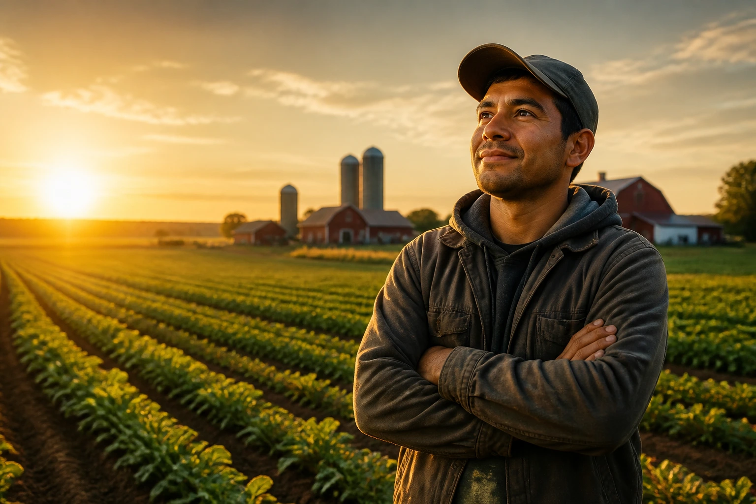 Hopeful farm worker standing in a golden hour field representing residency opportunities