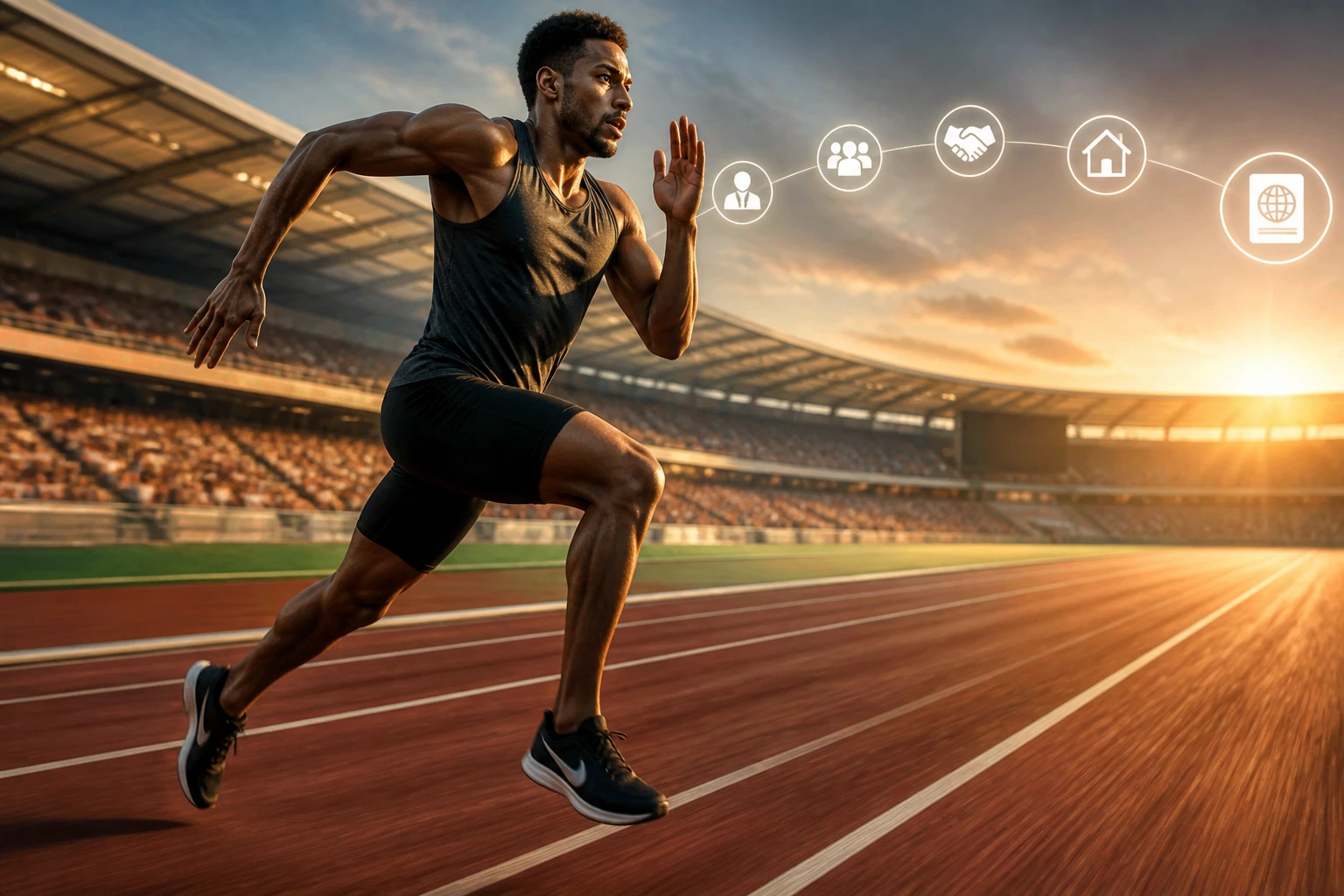 Athlete sprinting on track with milestone icons symbolizing five-year residency journey