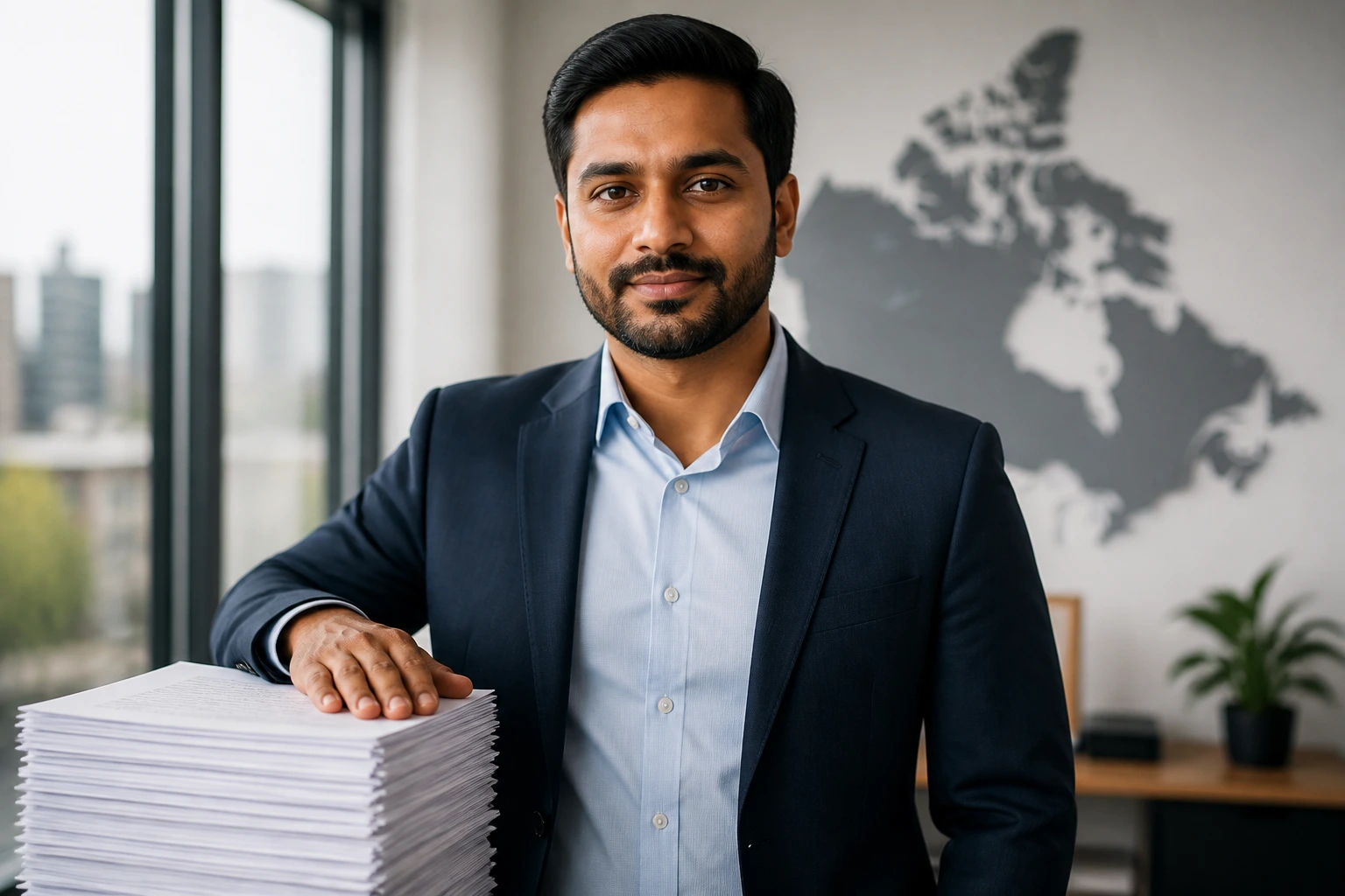 Close-up portrait of a person in an office symbolizing transition from temporary to permanent residency