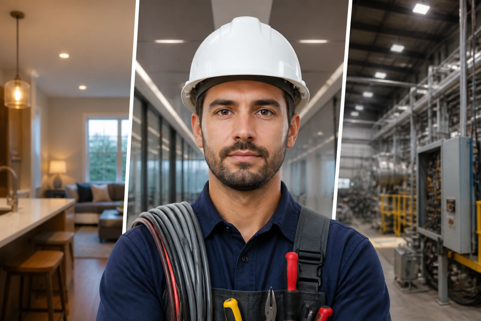 Electrician portrait with three work environments blurred in background