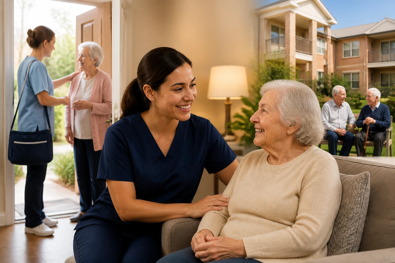 Aged care assistant in a warm living area with a resident nearby