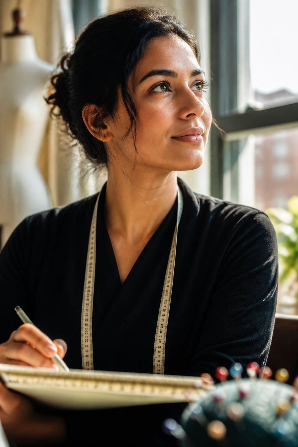 Close-up portrait of a foreign-born dressmaker looking toward a sunlit window, sketchbook and pins in view