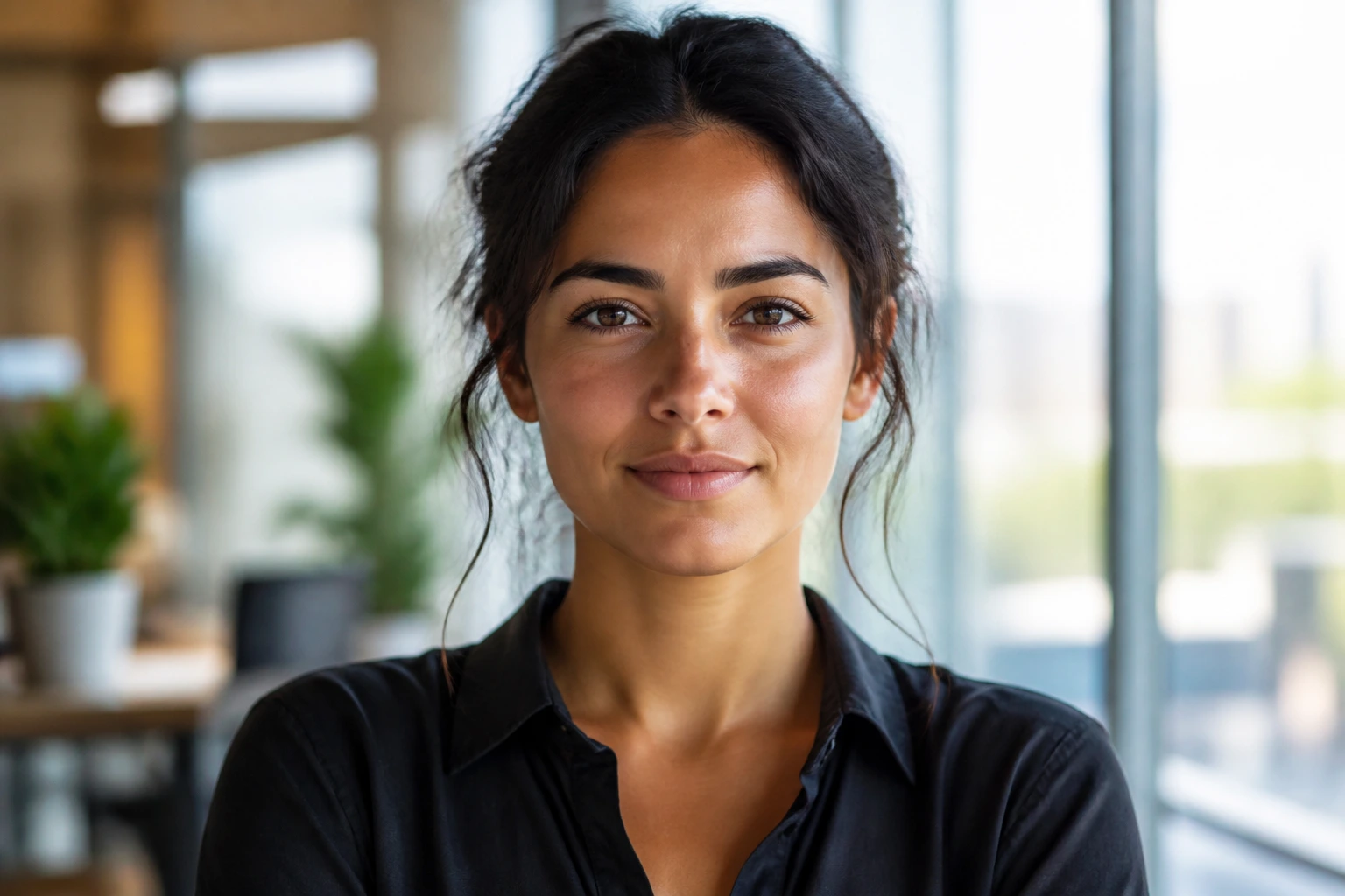 Close-up portrait of a real person showing resilience in a sunlit modern office