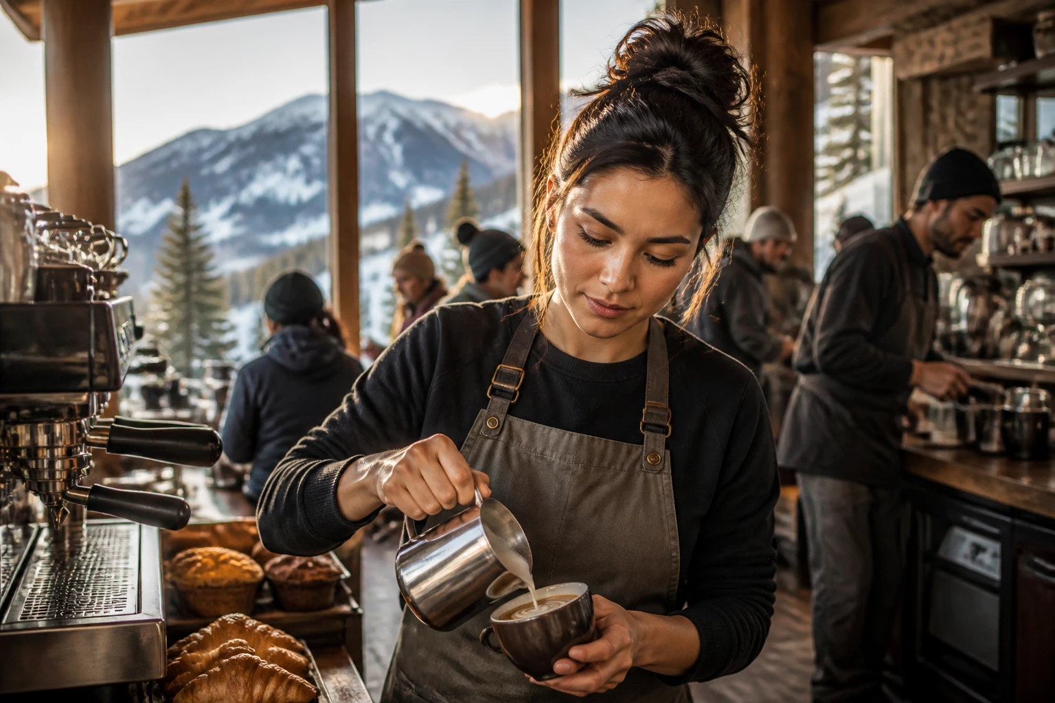 Portrait of resort cafe worker with window view at dawn.