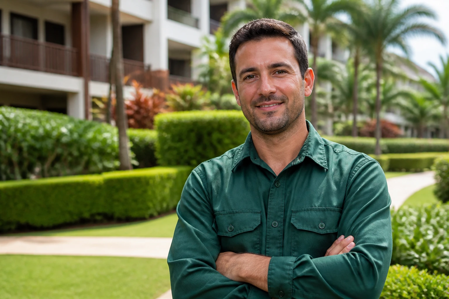Portrait of a groundskeeper in resort landscape