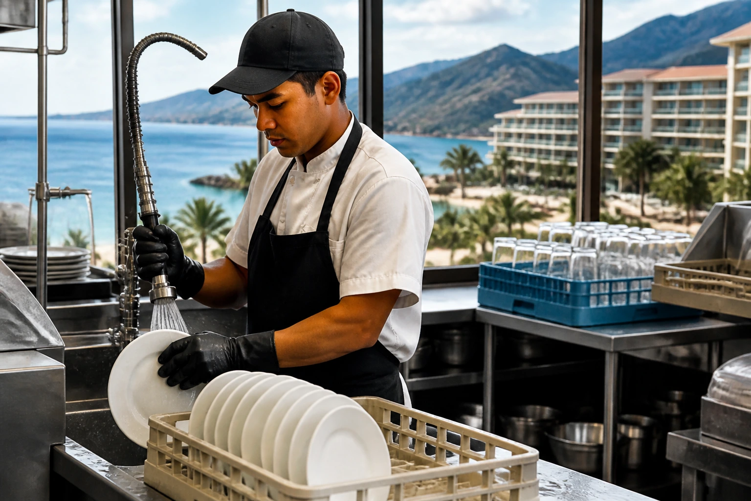 Dishwasher in resort kitchen with scenic view through window
