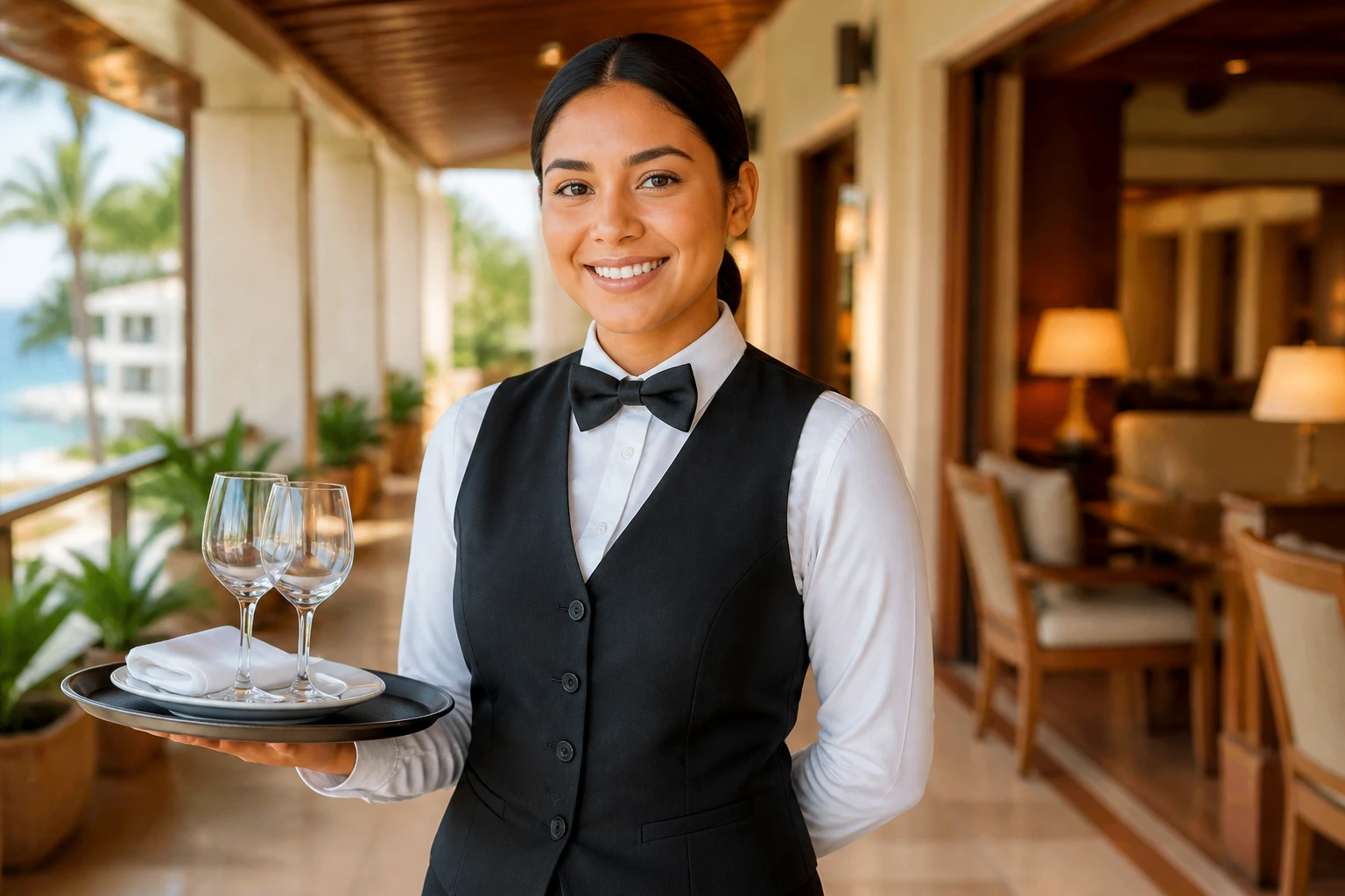 Hotel resort server in uniform in bright dining corridor