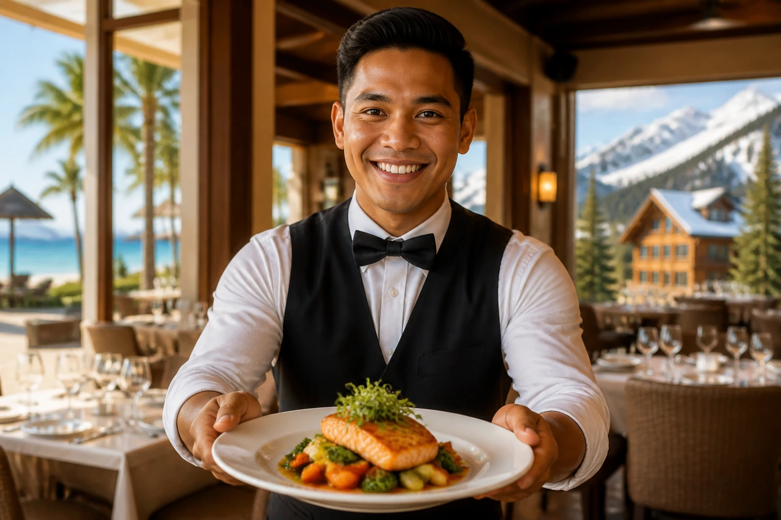 Server in resort uniform in a sunlit hotel dining area