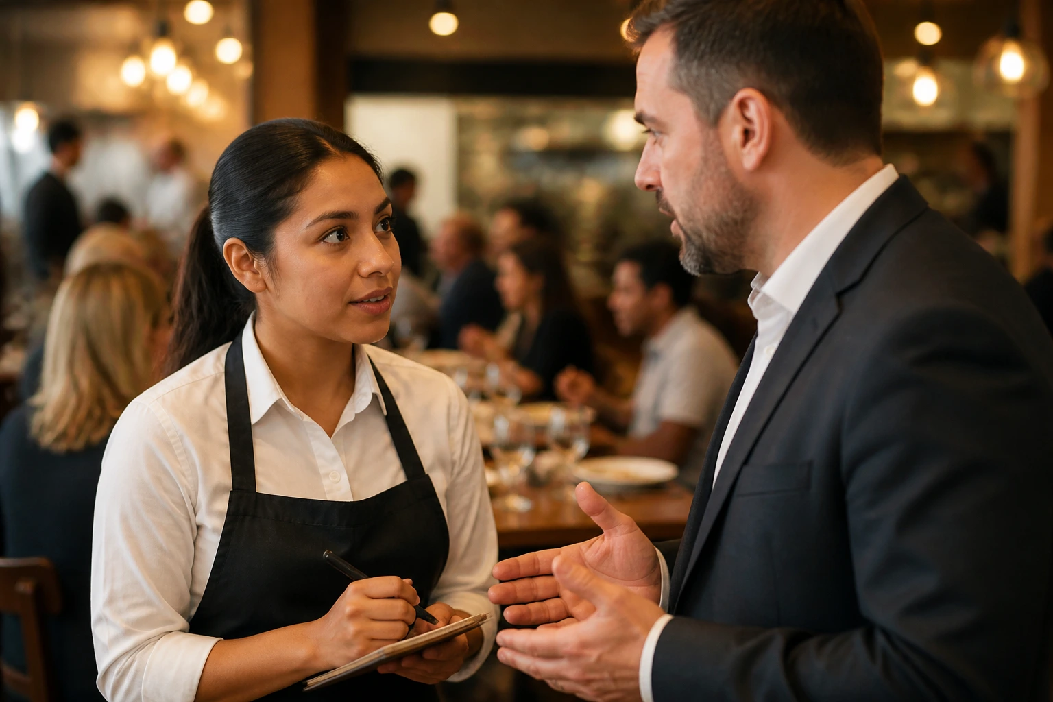 Medium close-up of a server speaking with a restaurant manager during an interview on the dining room floor