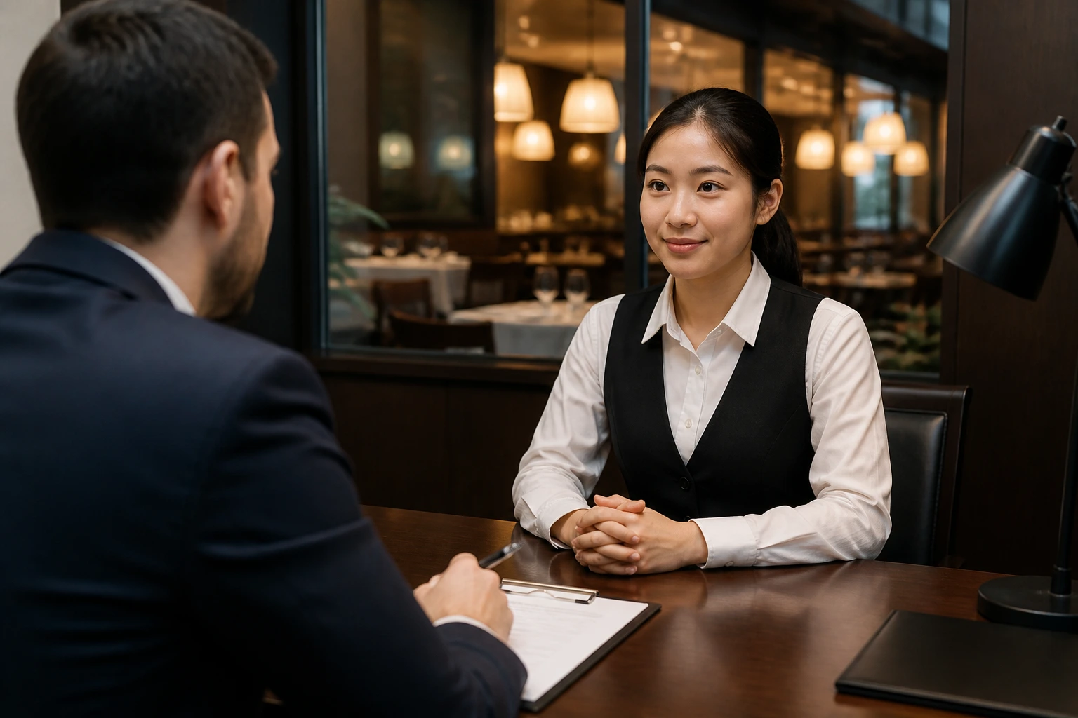 Real person during a restaurant job interview, showing calm, prepared communication