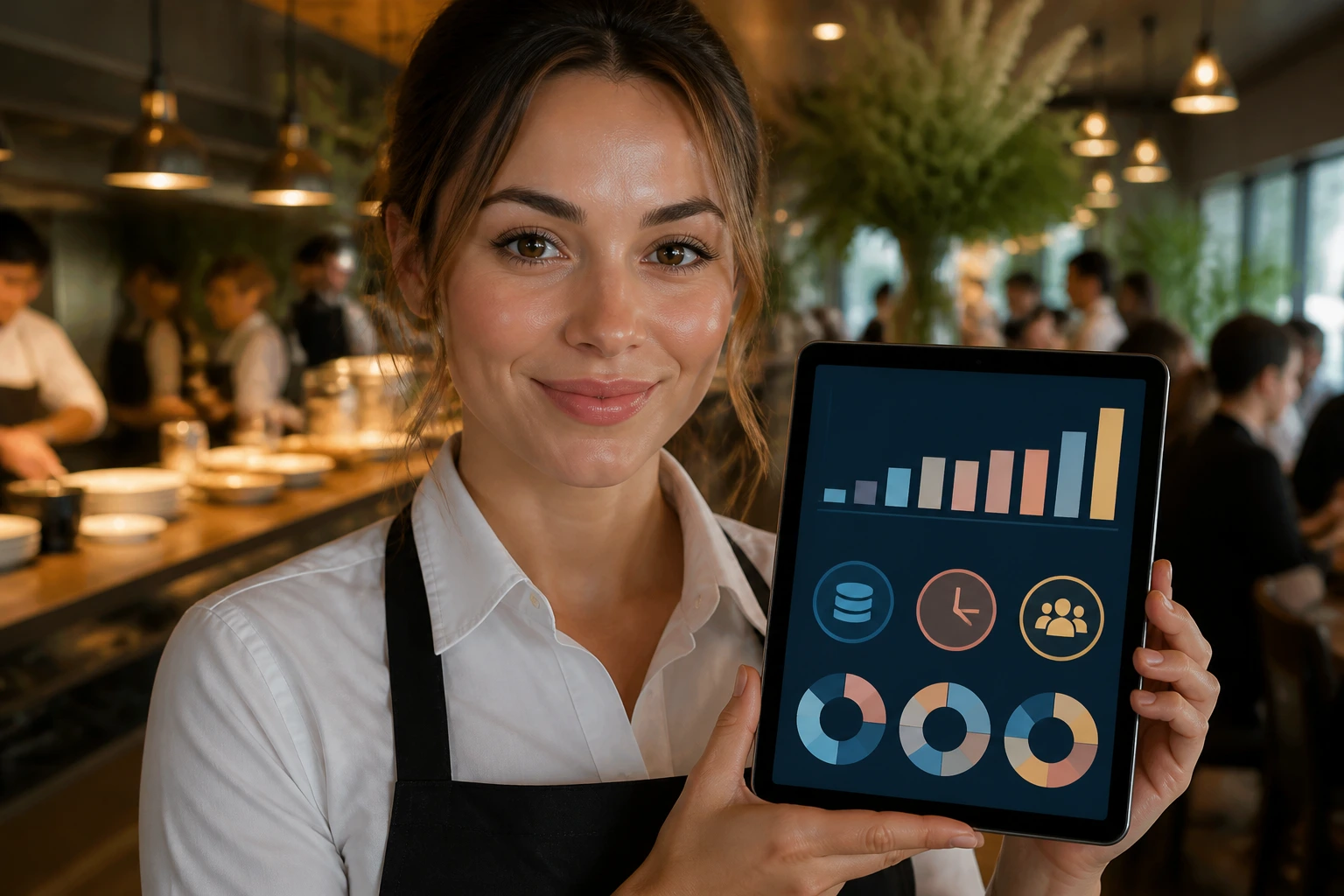 Close-up of a restaurant server holding a tablet with abstract charts, illustrating pay and super concepts.