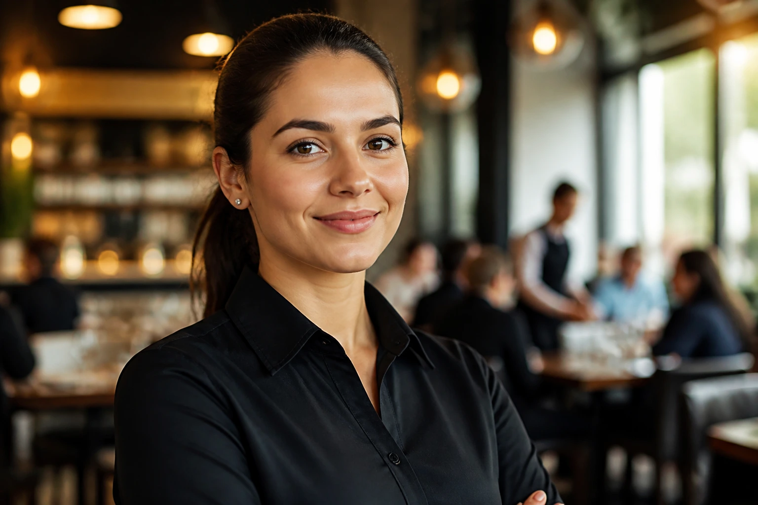 Portrait of a real restaurant supervisor in a busy dining room