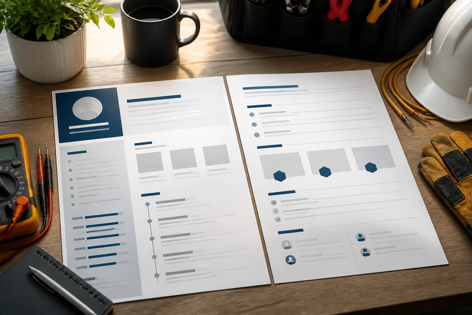 Close-up of a blank resume layout with abstract blocks on a desk