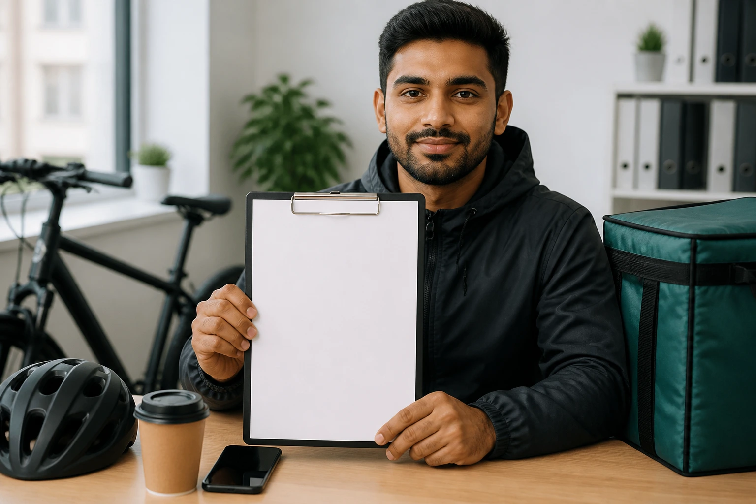 Candidate holding blank clipboard in an office, ready for a strong paper application.