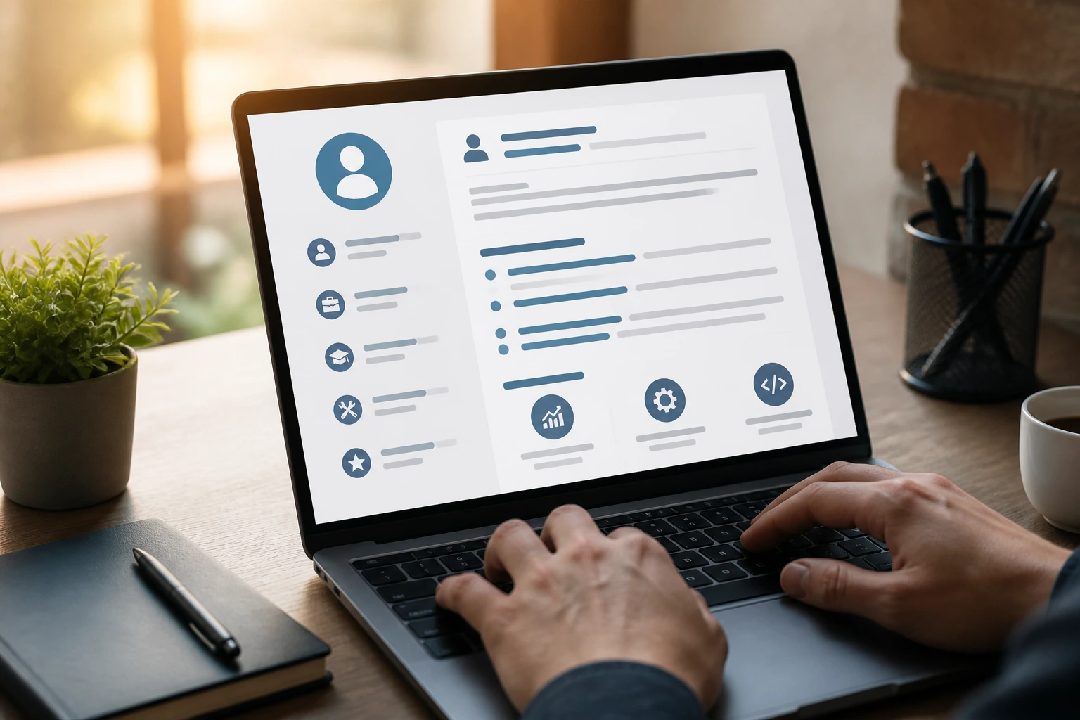 Hands on laptop showing an icon-based resume layout designed for ATS screening.