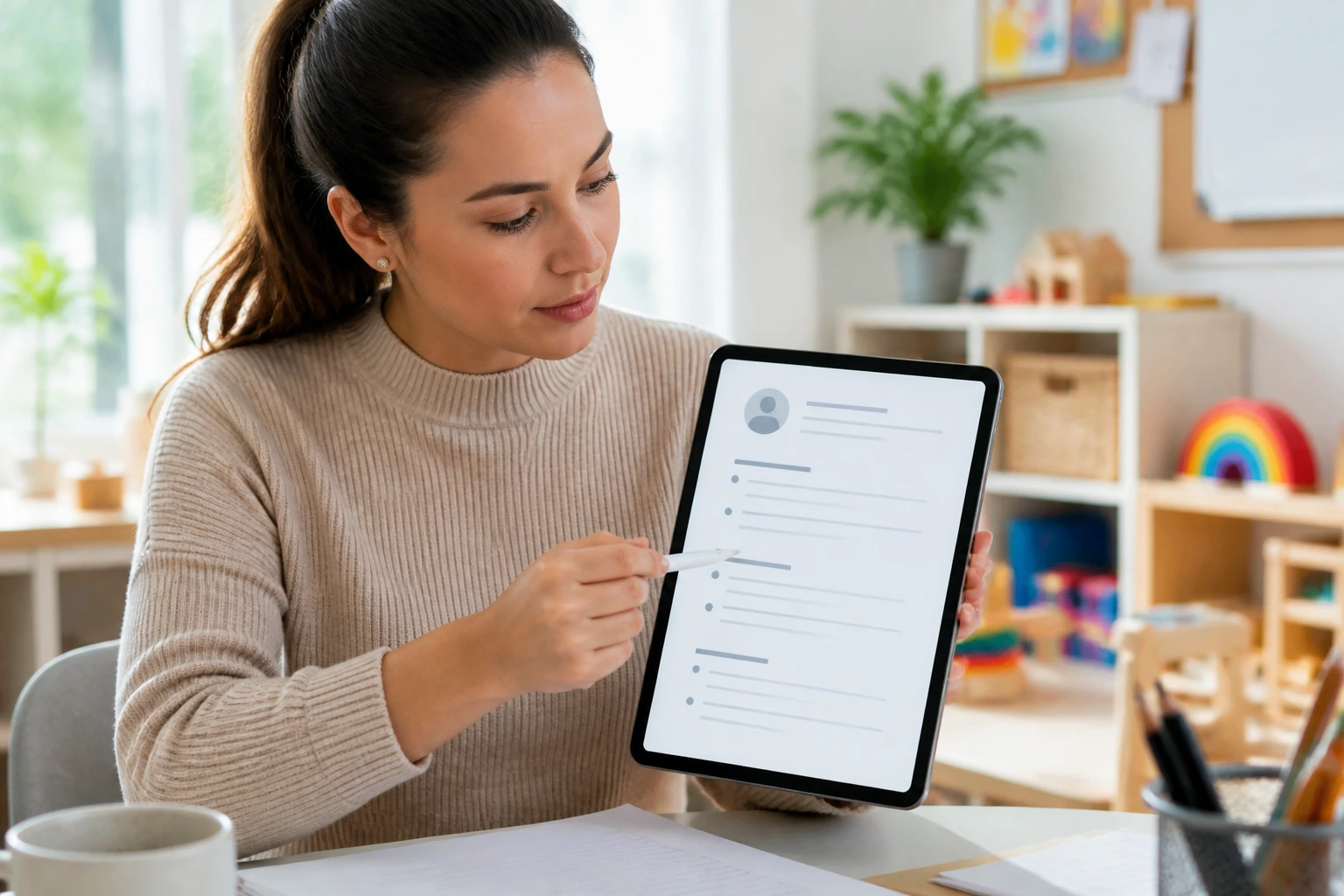 Real person presenting a resume outline on a tablet with blank lines