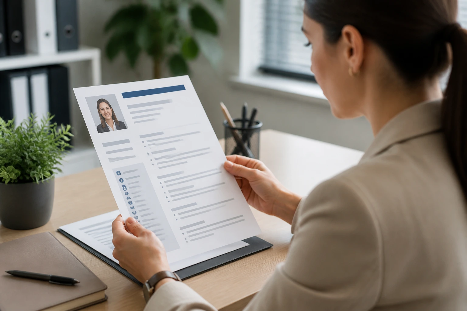 Real person examining a resume mockup on a desk in a tidy office