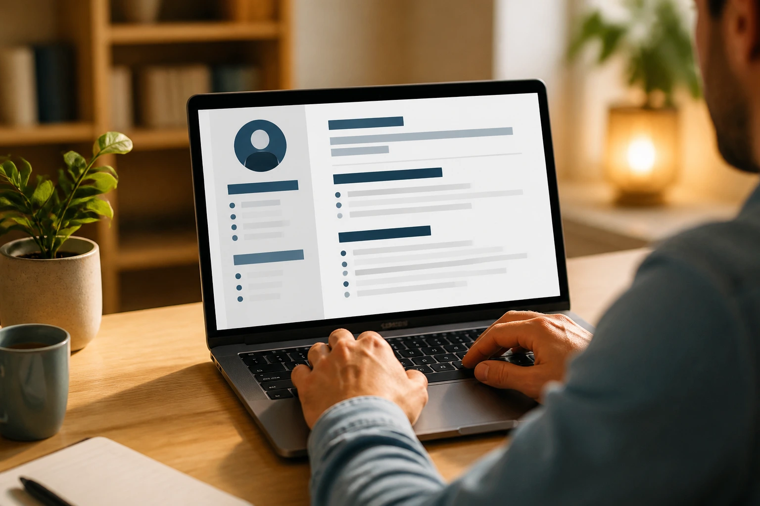 Person typing on laptop with abstract resume layout on screen