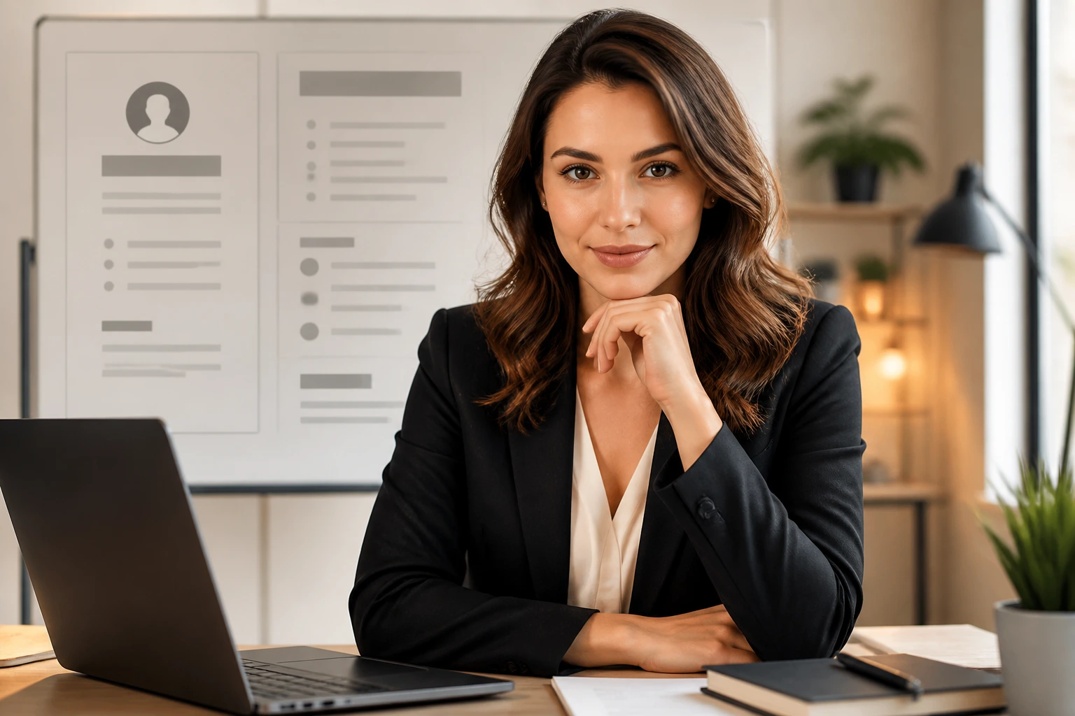 Professional portrait in a polished office showing resume-building context without text on board.