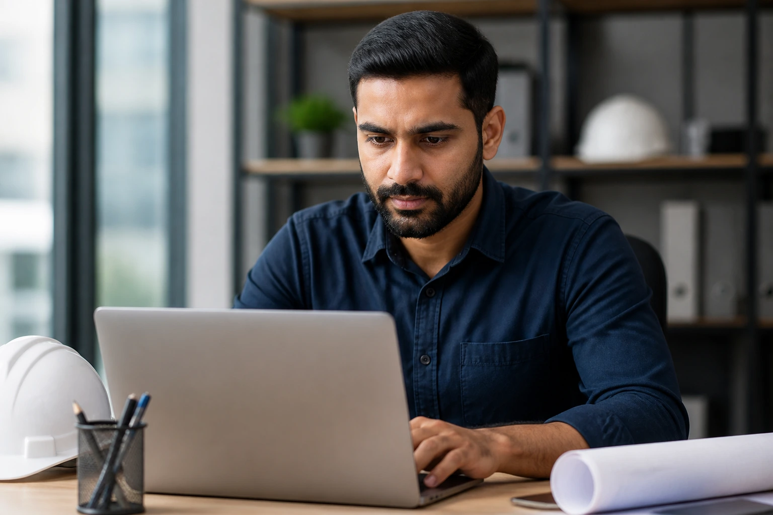 Professional engineer portrait in a modern office to illustrate resume crafting