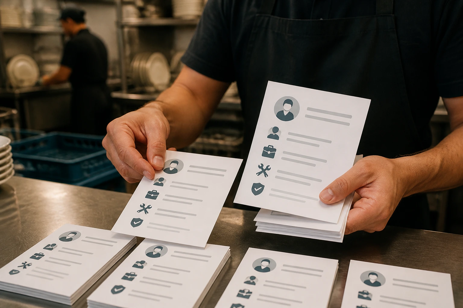 Hands holding blank resume cards against a kitchen backdrop