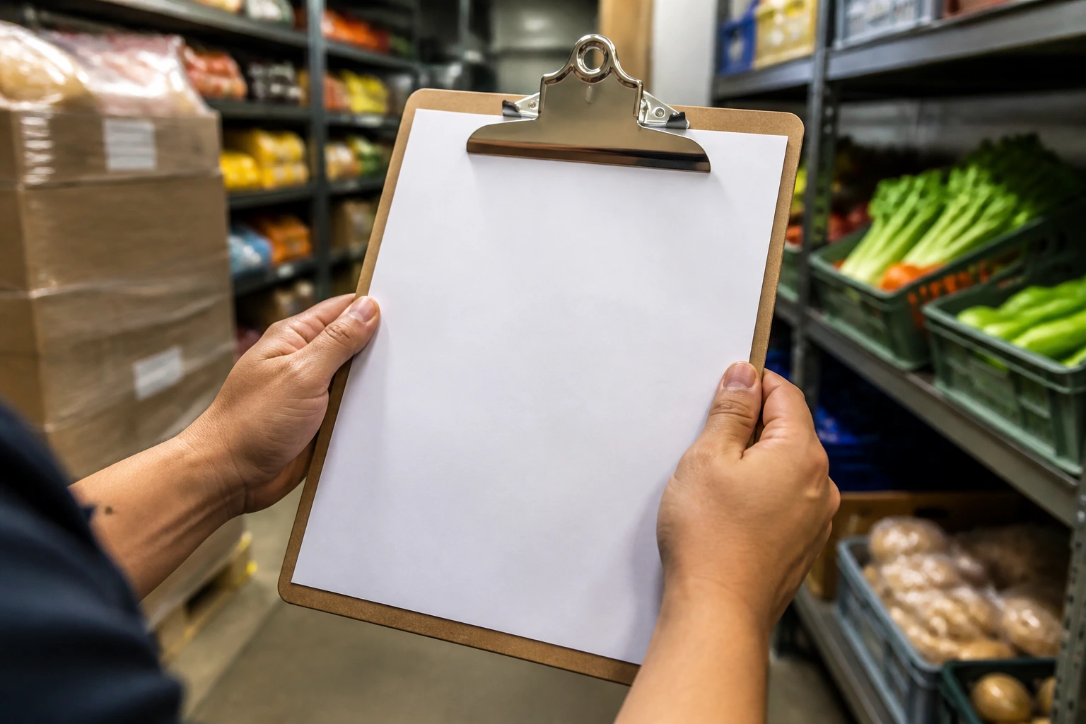 Person holding a blank resume sheet in a grocery back room setting
