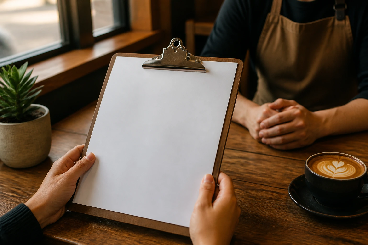 Close-up of hands holding a blank resume on a clipboard in a cafe setting