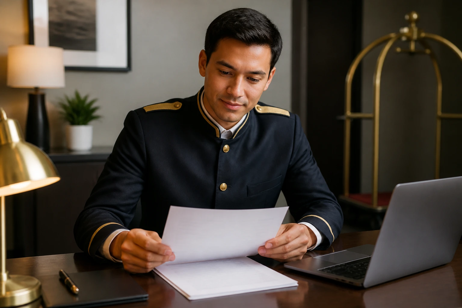 Person organizing a one-page hotel resume at a desk.