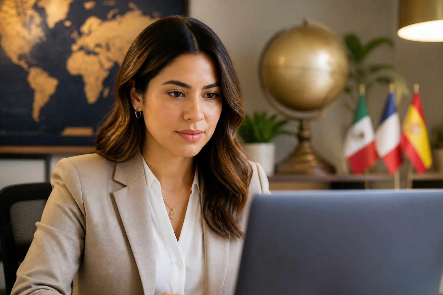 Close-up of bilingual professional reviewing a resume on a laptop in an office.