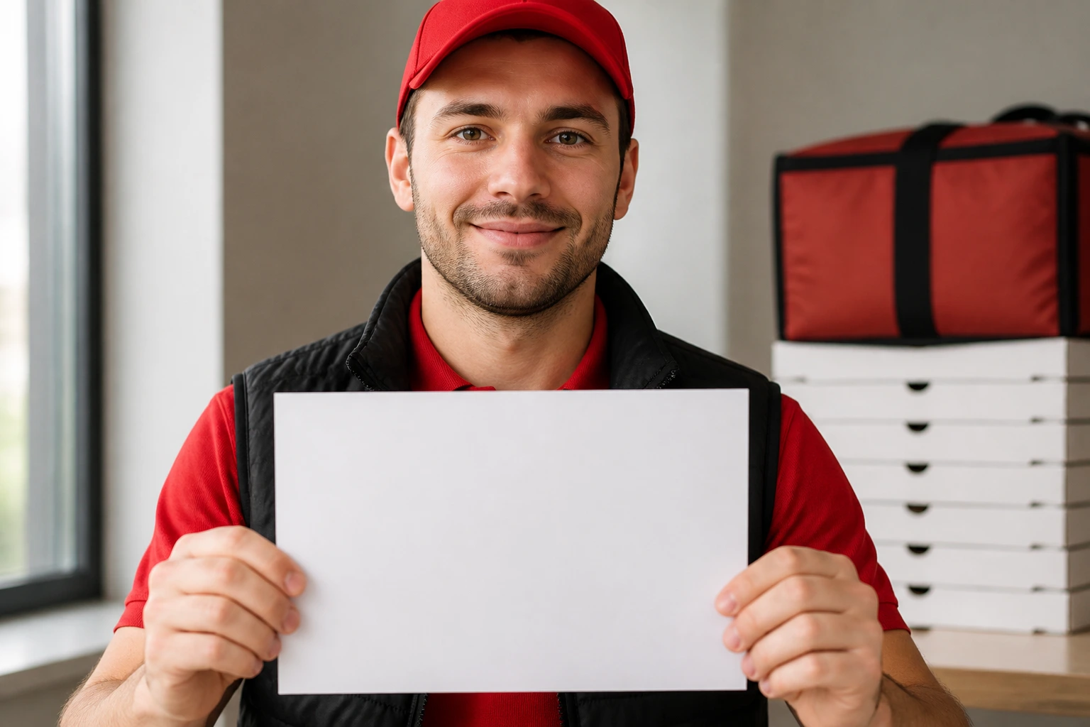 Delivery driver holding blank resume sheet in indoor setting